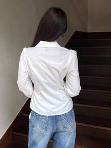 Livesso 女款純色收腰長袖休閒老錢風優雅夏季襯衫 - 白色 - 查看 2