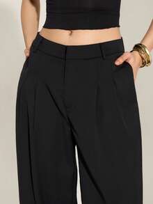 SHEIN Tall CURVE بنطلون كاجوال شارع مقاس كبير بلون موحد مع جيوب مطوية، متعدد الاستخدامات للارتداء اليومي - الأسود - مشاهدة 7
