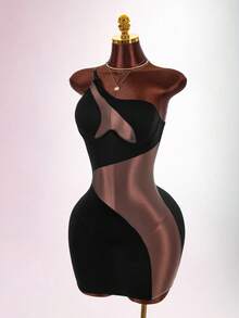Amplova Mesh Patchwork Underwire One Shoulder Adjustable Strap Bodycon Bodycon Semi-Sheer Sexy Y2K Mini Dress For Women - Black - View 2