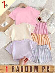 Souflis Souflis (3 Pcs Acak, Kirim 1 Pcs) Kaos Pendek Kasual Fashion Anak Perempuan Motif Kartun Kuning Lemon Bunga Warna-warni dengan Tulisan Slogan Pink - Berwarna merah muda - View 2