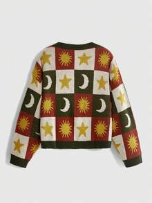 ROMWE Vintage Hippie Plus Size Women's Knit Cardigan Sun Moon Star Pattern Design Short Loose Sweater Jacket Autumn/Winter - Multicolor - View 2