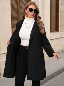 EMERY ROSE Plus Size Women's Casual Solid Color Lapel NeckLoose Fit Jacket, Autumn/Winter - Black - View 7
