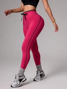 SHEIN Core Rhythm Casual Versatile Contrast Color Black Waist Rope Slimming Black Line Design Sports Leggings - Multicolor - View 5
