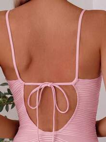 Baju Renang Wanita Model Terusan dengan Kain Bertekstur Warna Polos, Model Mengumpulkan dan Mengikat di Belakang, Pakaian Pantai untuk Liburan Musim Panas - Baby Pink - View 4