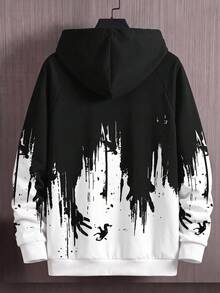 SHEIN كنزة هوديي فضفاضة متعددة الاستخدامات بتصميم كتل لونية لوس أنجلوس كاجوال للأولاد المراهقين مناسبة للخريف - أبيض وأسود - مشاهدة 2