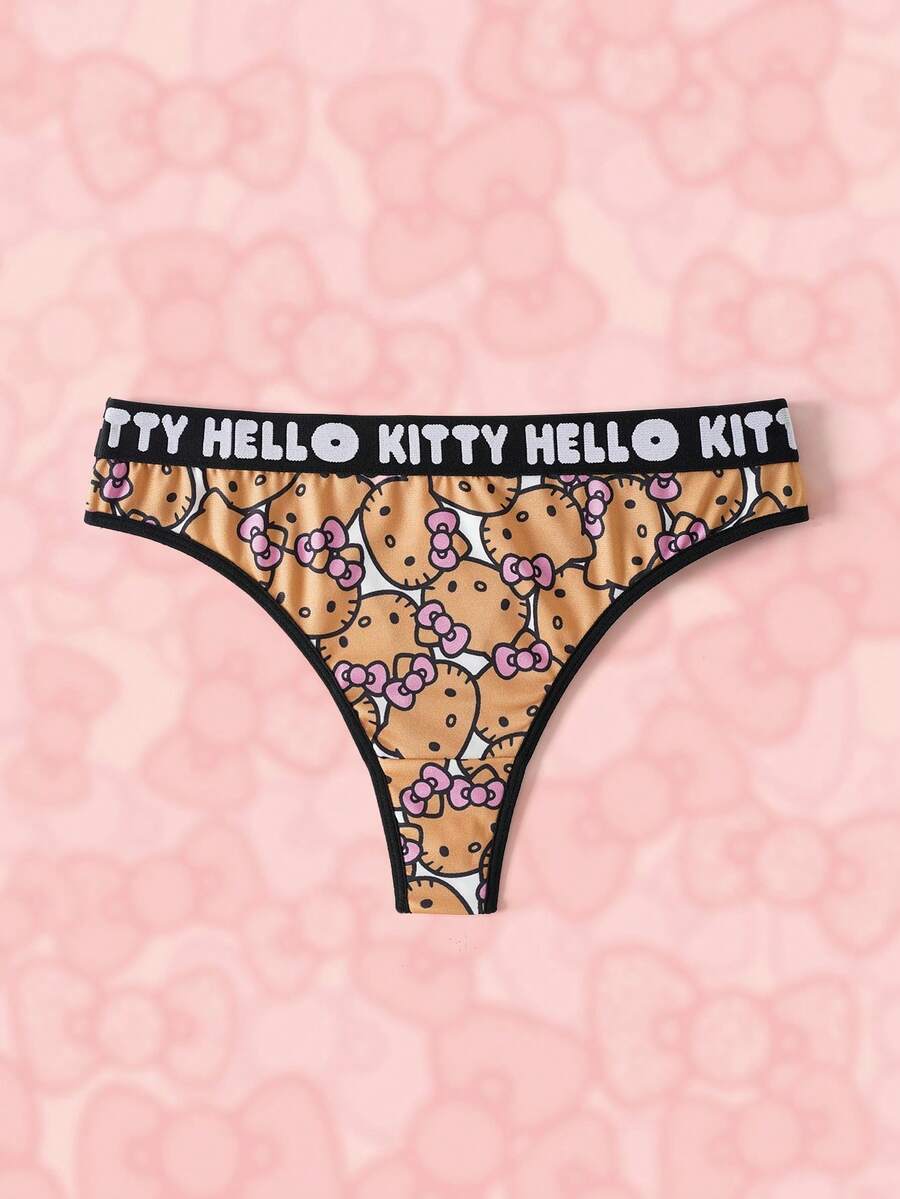 HELLO KITTY AND FRIENDS | SHEIN 女款字母卡通印花性感日常丁字褲 - 棕色 - 查看 1