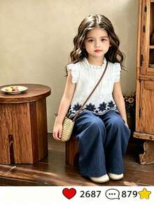SHEIN Elladie kids 2件組女童新款小圓領露背水滴藍蝴蝶結仿刺繡印花布料短飛袖荷葉邊前蝴蝶結開學穿搭 - 白色 - 查看 2