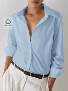 YARNWELL Women's Summer Casual Everyday Outing Single-Breasted Solid Color Shirt - Blue - View 4