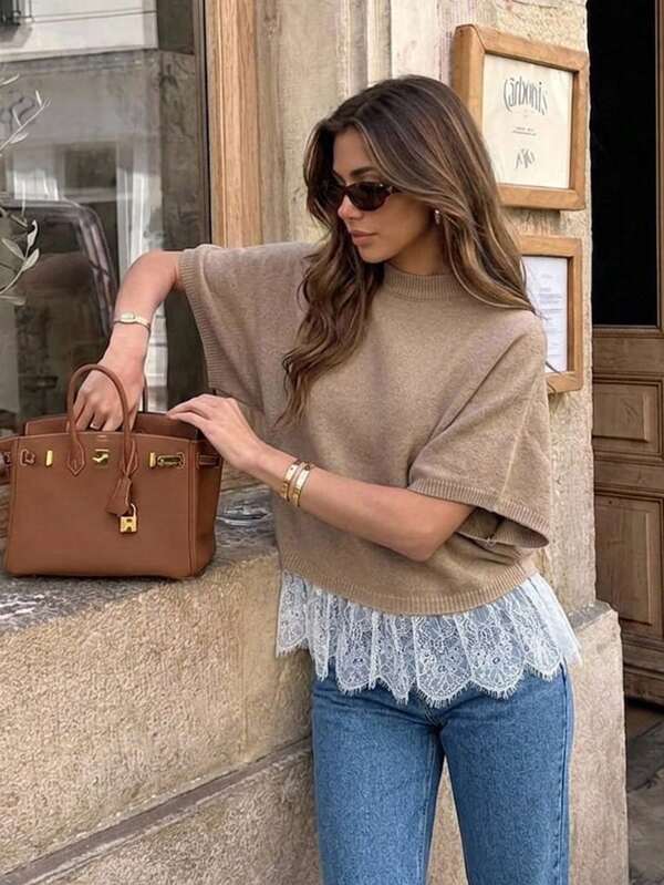 SHEIN Frenchy Women's Elegant Wool Knitted Batwing Top Color Blocking With Lace Trim Hem,Brunch Going Out Top Casualfour Seasonsautumn Back Toschool Work Festival