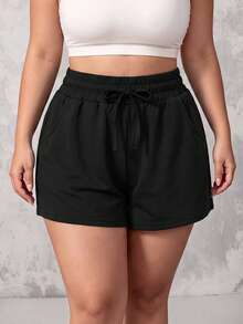 SHEIN Unity Plus Size Women Solid Color Drawstring Waist Casual Versatile Daily Shorts - Black - View 4
