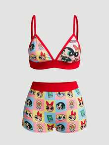 Chillnights THE POWERPUFF GIRLS X SHEIN 4pcs Plaid Camisole Bra & Hipster Panty Set - Multicolor - View 4