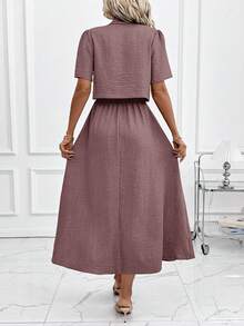 SHEIN Clasi Women's New Elegant Denim Effect Shirt & Camisole Dress 2-Piece Set, Suitable For Commuting And Multiple Occasions - Dusty Purple - View 2