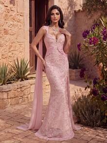 Coutiva Women's Sequin Embroidered Slim Fit Extra Long Evening Gown - Pink - View 5