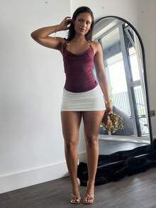 leahseptember 新款 Y2K 金屬環裝飾通勤百搭垂領繫帶女款背心，休閒夏季款 - 酒紅色 - 查看 3