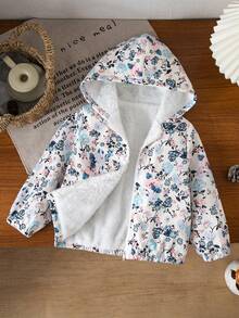 SHEIN Young Girl Girls' Floral Print Long Sleeve Fuzzy Warm Jacket, Comfortable Casual Winter Fall - Multicolor - View 1