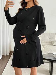 SHEIN Maternity Solid Color Nursing Function Casual Daily Summer Dress Fall Fall/Winter Casual - Black - View 4