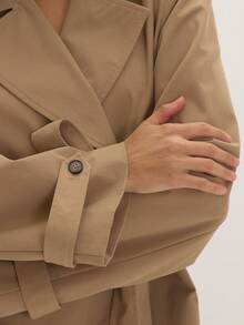 MUSEYN Tan Caramel Woven Puff Ball Hem Belted Shoulder Pad Trench Coat Structured Tailored Polished Everyday Office Fall New Season Capsule Wardrobe - Brown - View 4