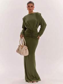 SHEIN BAE Gaun Komuter Elegan Warna Polos dengan Detail Kerut di Pinggang - Hijau Tentara - View 1