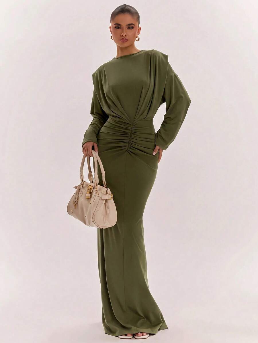 SHEIN BAE Gaun Komuter Elegan Warna Polos dengan Detail Kerut di Pinggang - Hijau Tentara - View 1