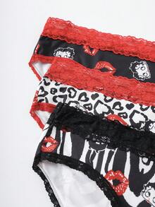 Betty Boop x SHEIN 女款蕾絲拼接唇印性感日常三角內褲 - 紅色 - 查看 3