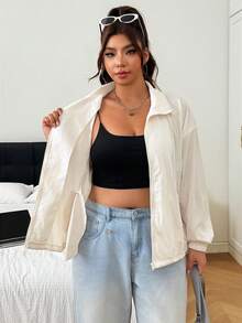 SHEIN EZwear 大尺碼女款純色拉鍊休閒百搭日常長袖夾克 - 杏色 - 查看 6