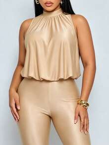SOLERSUN Plus-Size Women's Elegant Sexy Backless Knee Length Romper, Perfect For Commuting Party Vacation, Casual, And Beach Vacation Beige Summer - Khaki - View 4