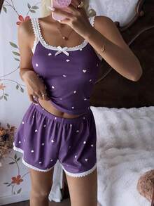 Tulorae Women's Pink Heart & Ribbed Lace Silk Camisole Shorts Pajama Set - Purple - View 4