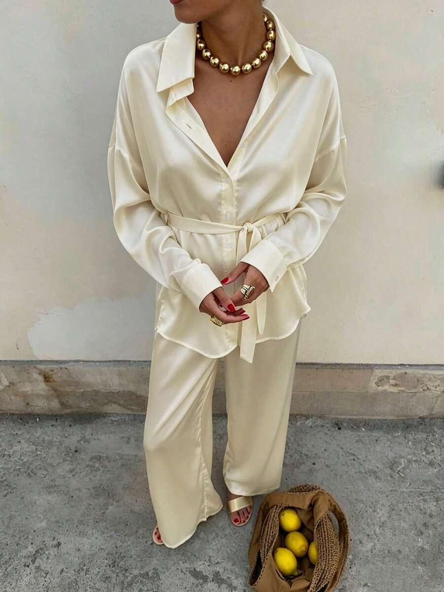 Cévolie Women's Solid Color Single-Breasted Long Sleeve Top And Pants Casual Daily 2 Pieces Set - Light Yellow - View 1