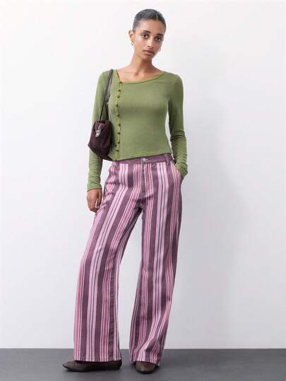 Nöista Striped Wide-Leg Trousers In Purple And Pink Tones. Fall, Travel, Weekend And Casual Style.