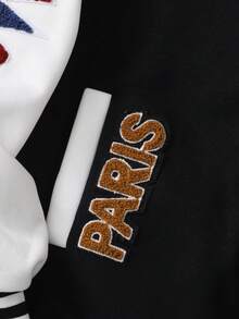 SHEIN 青少年男孩時尚休閒拼色拼接字母刺繡抓絨夾克 - 黑色 - 查看 9