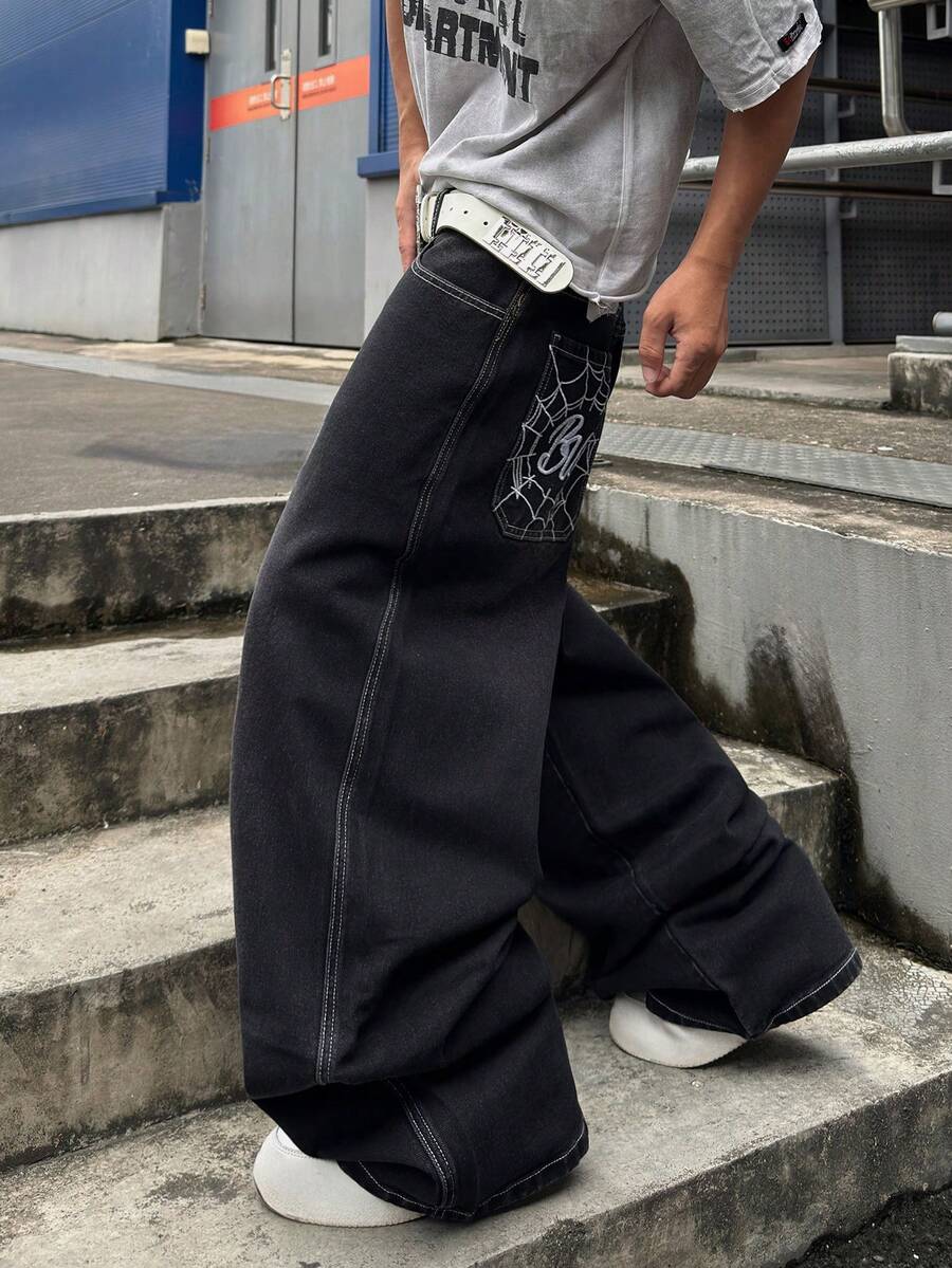 STEELVANCE Street Style Retro Fashion Versatile Distressed Washed Embroidered Design Loose Straight Leg Wide Leg Casual Denim Jeans (Belt And Accessories Not Included) - Black - View 1