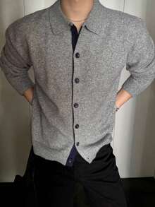 DAZY Spring/Autumn Gray Mixed Fabric Lapel Placket Black Contrast Color Men's Cardigan - Grey - View 7