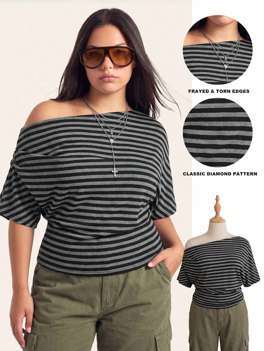 Comfortcana Kaos Kasual Musim Panas Ukuran Besar dengan Kerah Asimetris Bergaris - Dark Grey - View 1