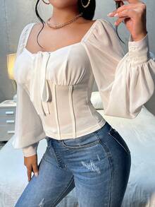 SHEIN SXY Spring And Summer Sweetheart Neckline Knot-Front White Long-Sleeved Chiffon Shirt,Long Sleeve Tops - White - View 4