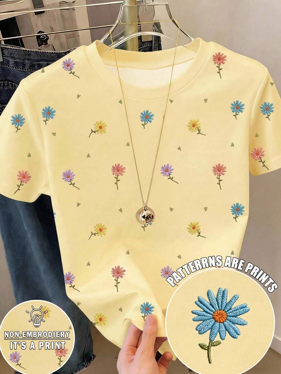 SHEIN 女童春夏休閒舒適時尚創意清新可愛雛菊花卉圖案印花休閒風短袖T恤滿版印花日常穿搭適合春夏氛圍外出上衣 - 彩色 - 查看 1