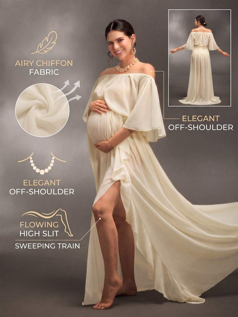 Cheriluna Maternity 女式露肩纯色高开衩荷叶边下摆孕妇摄影连衣裙 - 杏色 - 查看 1