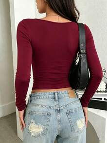 SHEIN 女款素色抓皺長袖修身休閒上衣 - 酒紅色 - 查看 4
