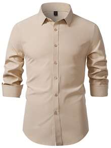Manfinity Mode Men's Plus Size Long Sleeve Shirt, Khaki Shirt Collar Top, Suitable For Daily Commute And Gatherings, Formal, Old Money - Khaki - View 4