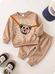 Young Boy Letter Cartoon Bear Print Casual Long Sleeve Crew Neck Sweatshirt - White - View 3