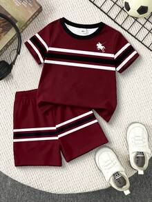 Outfit Casual Minimalist Elegant Horse Logo Contrast Color Striped Print Crew Neck T-Shirt With Matching Contrast Color Striped Print Shorts Suitable - Multicolor - View 7