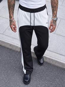 Manfinity CasualCool Men's Colorblock Drawstring Waist Pocket Casual Sweatpants - Black and White - View 5