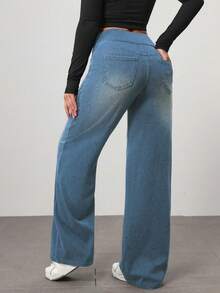 SHEIN Essnce Celana Jeans Denim Kasual Wanita Model Longgar dan Lebar dengan Saku, Warna Biru untuk Kerja dan Musim Panas - Dusty Blue - View 2