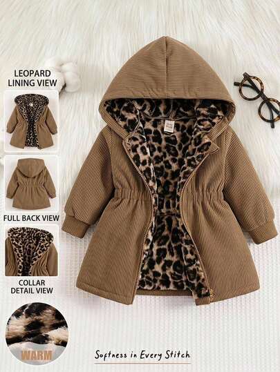Cozy Pixies Chaqueta con capucha de manga larga para niña bebé, reversible, con bloques de color y estampado de leopardo, forrada de felpa, casual y versátil, abrigo deportivo de pana con cremallera