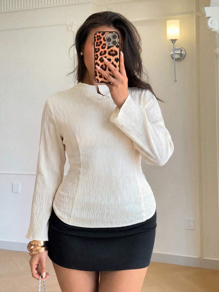 Auralis New Chinese-Style Apricot Long-Sleeve Pullover With Textured Jacquard – Suitable For Work And Daily Wear Casual Elegant New Year Blouse For Women Fall