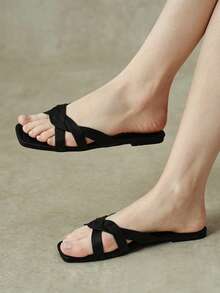 Styleloop Sandal Wanita, Gesper, Gaya Musim Panas, Sandal Datar - Hitam - View 11