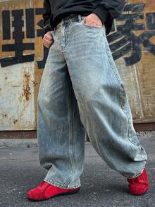 DAZY Spring/Autumn Blue Washed Denim Distressed Yellow Curved Pocket Loose Fit Streetwear Men's Jeans - Blue - View 5