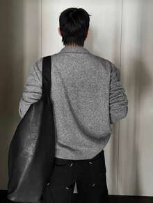 DAZY Spring/Autumn Gray Mixed Fabric Lapel Placket Black Contrast Color Men's Cardigan - Grey - View 2