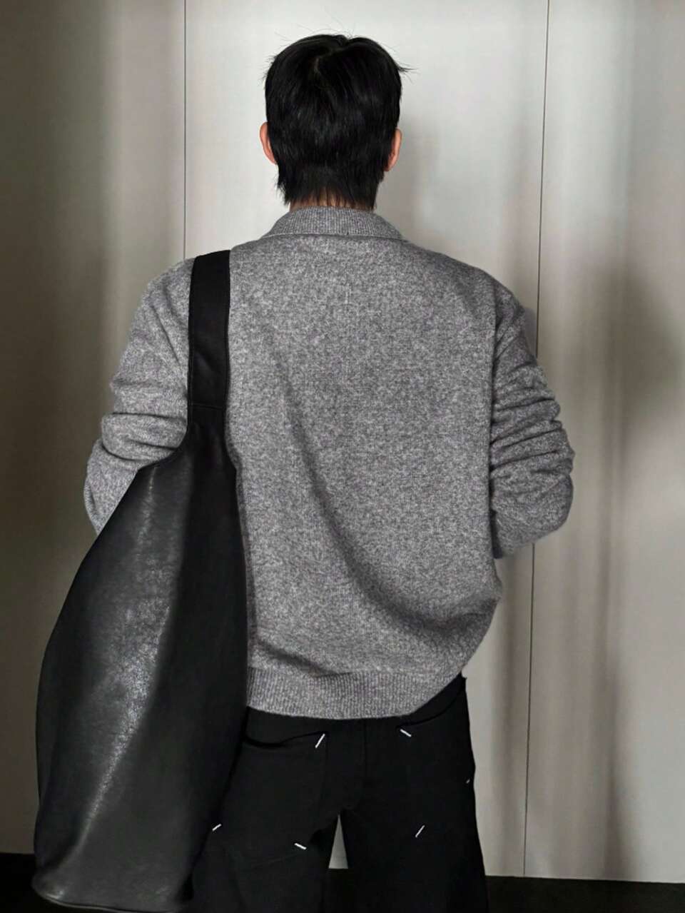 Spring/Autumn Gray Mixed Fabric Lapel Placket Black Contrast Color Men's Cardigan