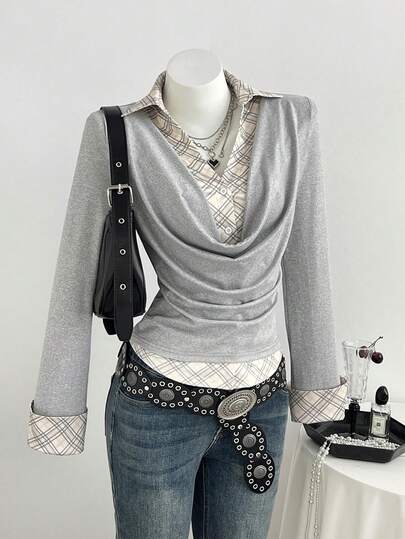 Elamini Damen Herbst Minimalistisch Lässig Kariert Patchwork Sexy V-Ausschnitt Langarm Slim Fit T-Shirt