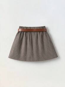 SHEIN 少女時尚格紋百褶迷你裙，校園風 - 卡其色 - 查看 4